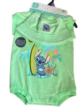 Baby Stitch Bodysuit Romper One Piece Disney Set With Sun Hat Size 12 Months